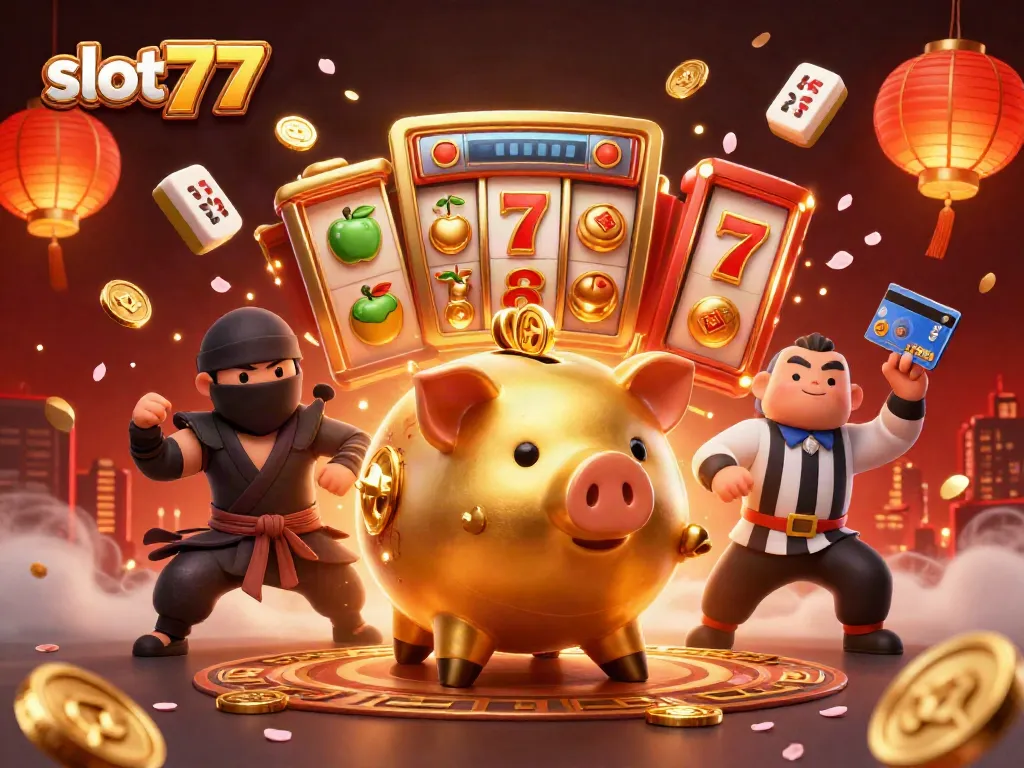 Slot777 menghasilkan kemenangan luar biasa dengan mesin slot dan simbol keberuntungan dalam ilustrasi 3D yang penuh warna.