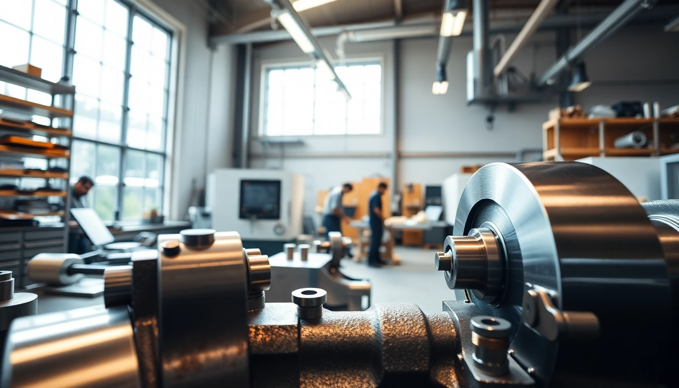 Custom part manufacturer skilled artisans in a bright, industrial workshop setting.