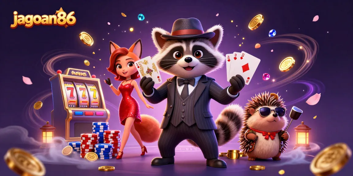 Engage with jagoan86 in a rich casino scene featuring whimsical characters and game elements.