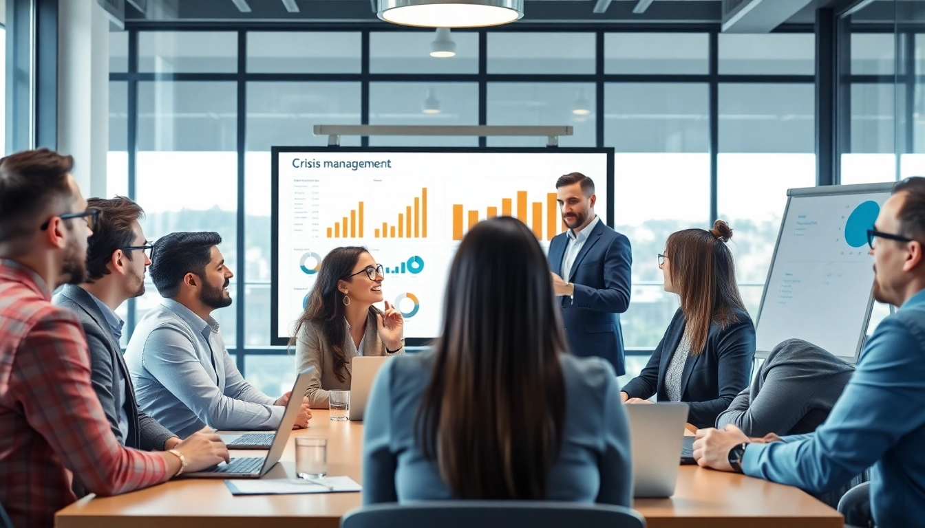 Crisis management consultant leading a strategy session with professionals in a modern conference room.