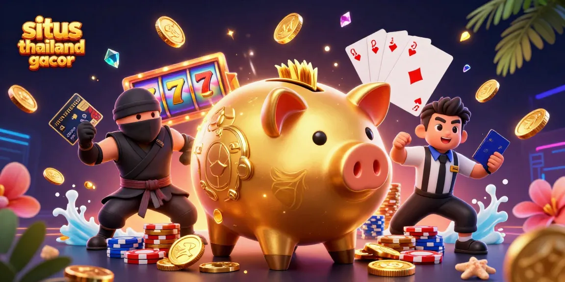 Situs Thailand Gacor features a dynamic scene with a golden piggy bank sumo wrestler, wallet-ninja, and credit-card samurai amid lively gambling elements.
