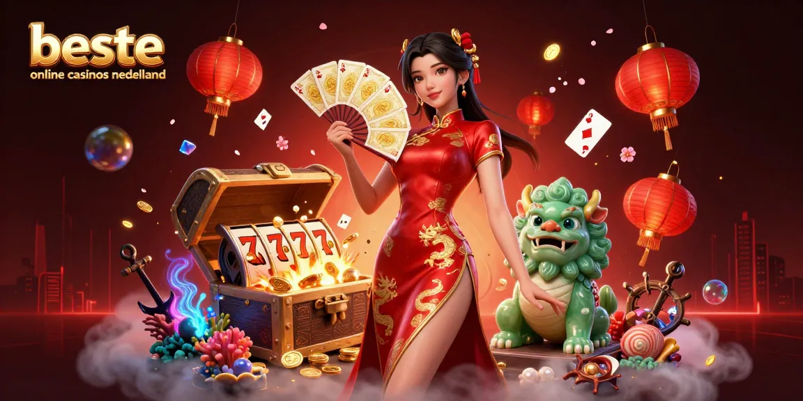 Engaging illustration of beste online casinos nederland featuring 3D woman with playing cards, jade lion, and casino elements.