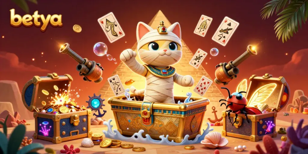 Betya takes center stage with a 3D cartoon Egyptian mummy cat in a vibrant casino scene, showcasing dynamic elements.