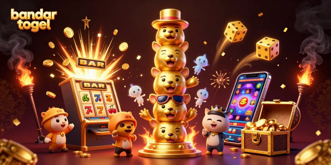 Engage with bandar togel excitement through a vibrant 3D casino scene filled with jackpots and characters.