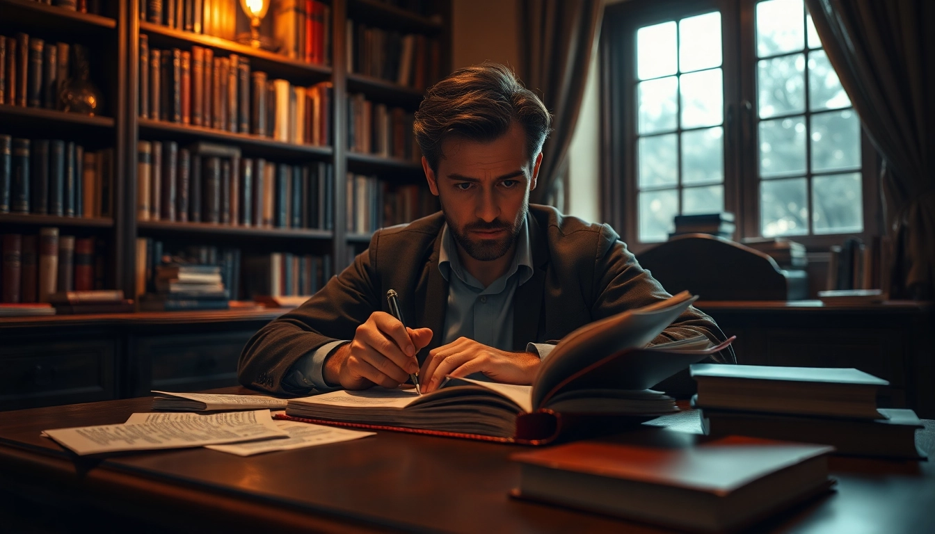Thriller author deeply focused on writing at a vintage desk with scattered notes.