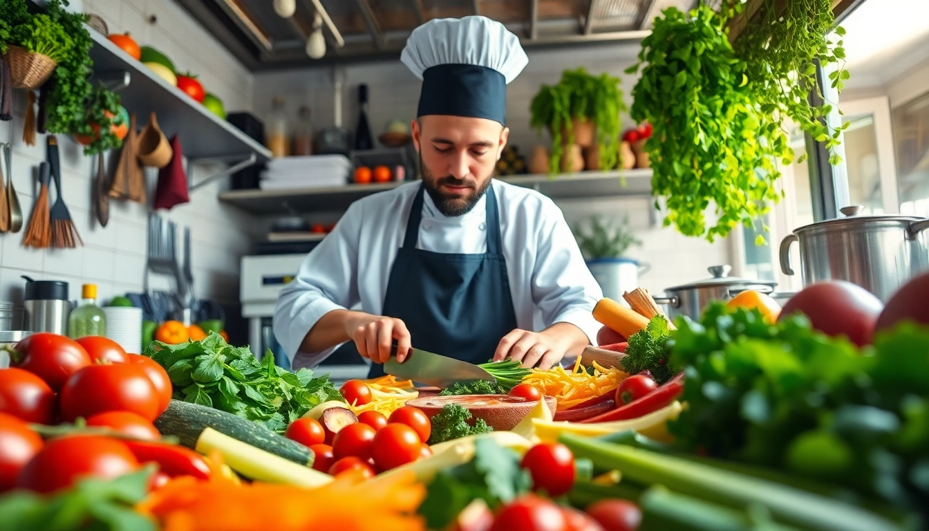 Discover dish facts in a vibrant kitchen with a chef preparing fresh ingredients.