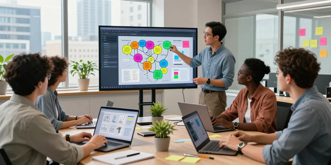 Dynamic team collaboration on mixboard ai in a vibrant office setting using digital visuals and brainstorming tools.