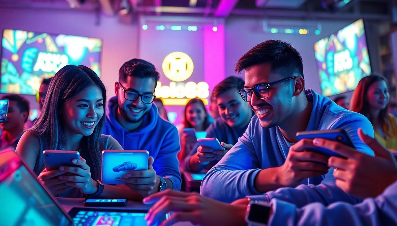 Hello88 online gaming community with players engaged in an exciting atmosphere, showcasing modern interfaces and vibrant colors.