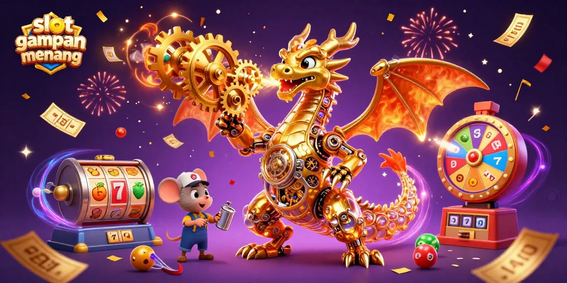 Menangkan slot gacor gampang menang dengan ilustrasi 3D naga emas dan elemen permainan kasino yang meriah.