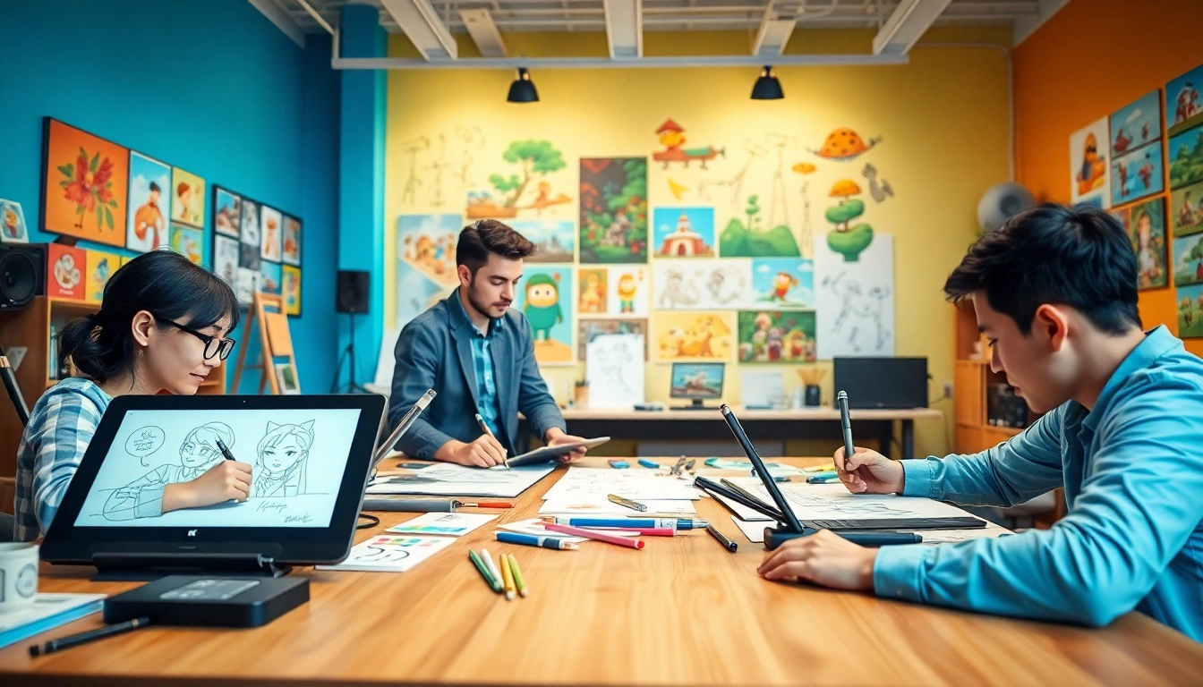 Animationsstudio mit kreativen Künstlern und farbenfrohen Designs in einem inspirierenden Raum.