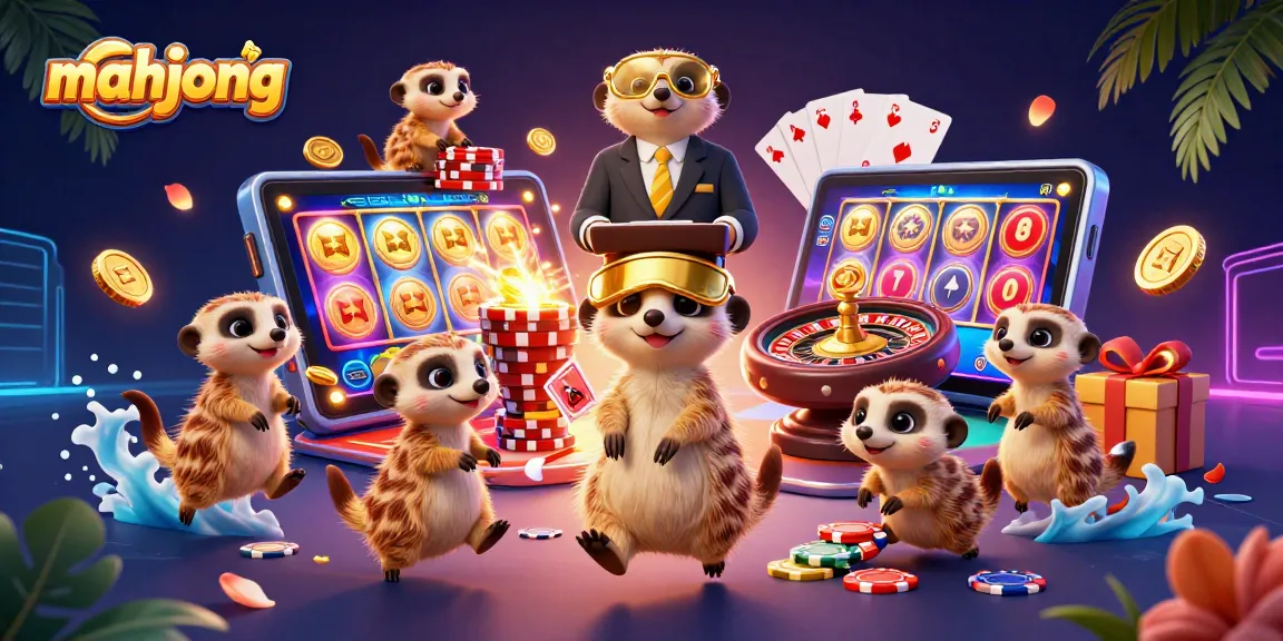 Play mahjong in a vibrant casino scene featuring meerkats as dealers and pit boss