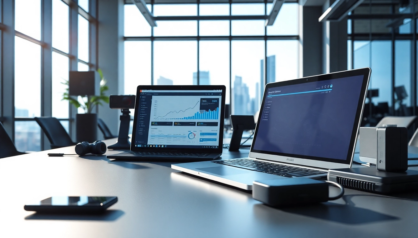 Technology workspace featuring advanced gadgets in a modern office environment with dynamic lighting.