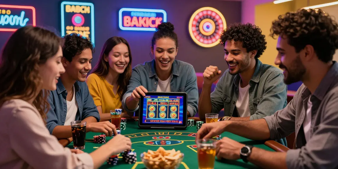 Friends enjoying a lively gaming night at credit card casinos UK, with digital slots on a tablet and festive atmosphere.