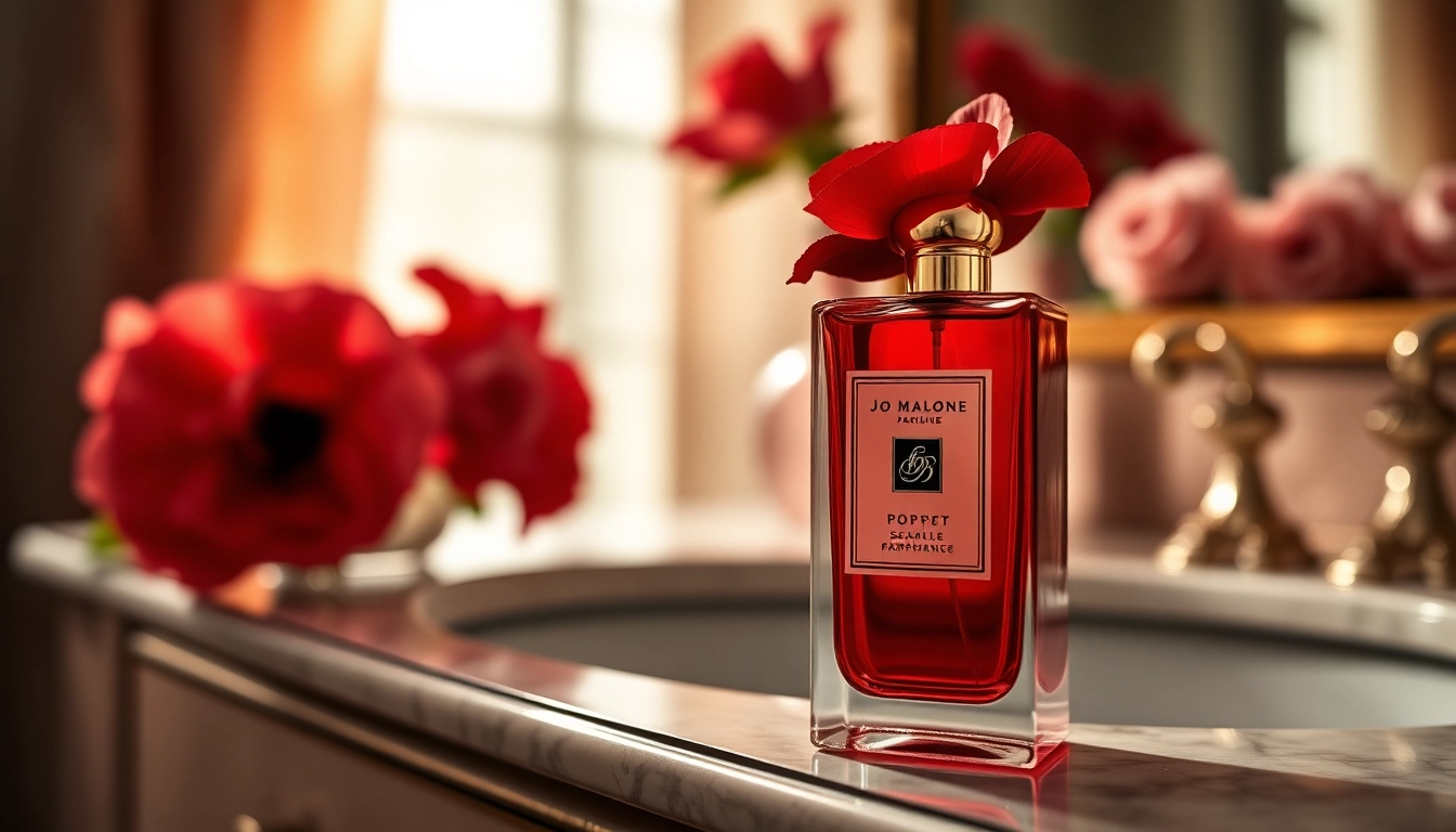 Captivating Jo malone Poppy scarlet fragrance bottle surrounded by luxurious decor.