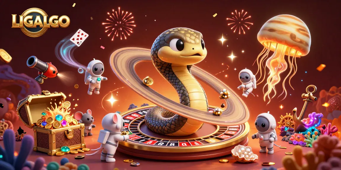LIGALGO's cosmic gaming scene features a Saturn snake roulette wheel as astronaut mice place bets in a vibrant environment.