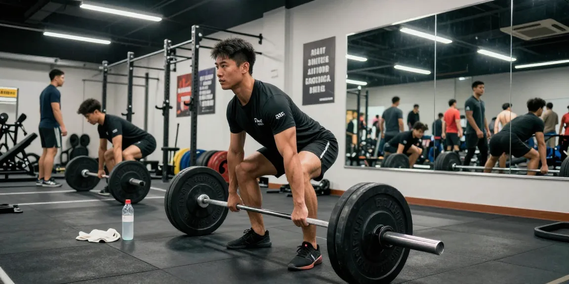 Male athlete focusing on deadlifts at a gym, showcasing Deus Medical Steroids branding.