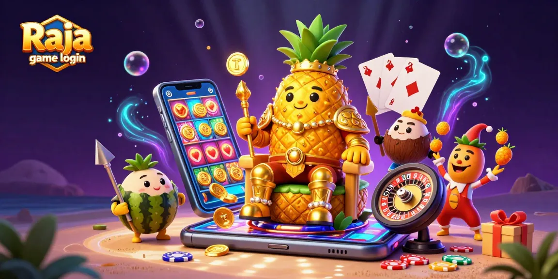 Engage in thrilling gameplay with Raja game login featuring a golden pineapple king on a vibrant beach casino.