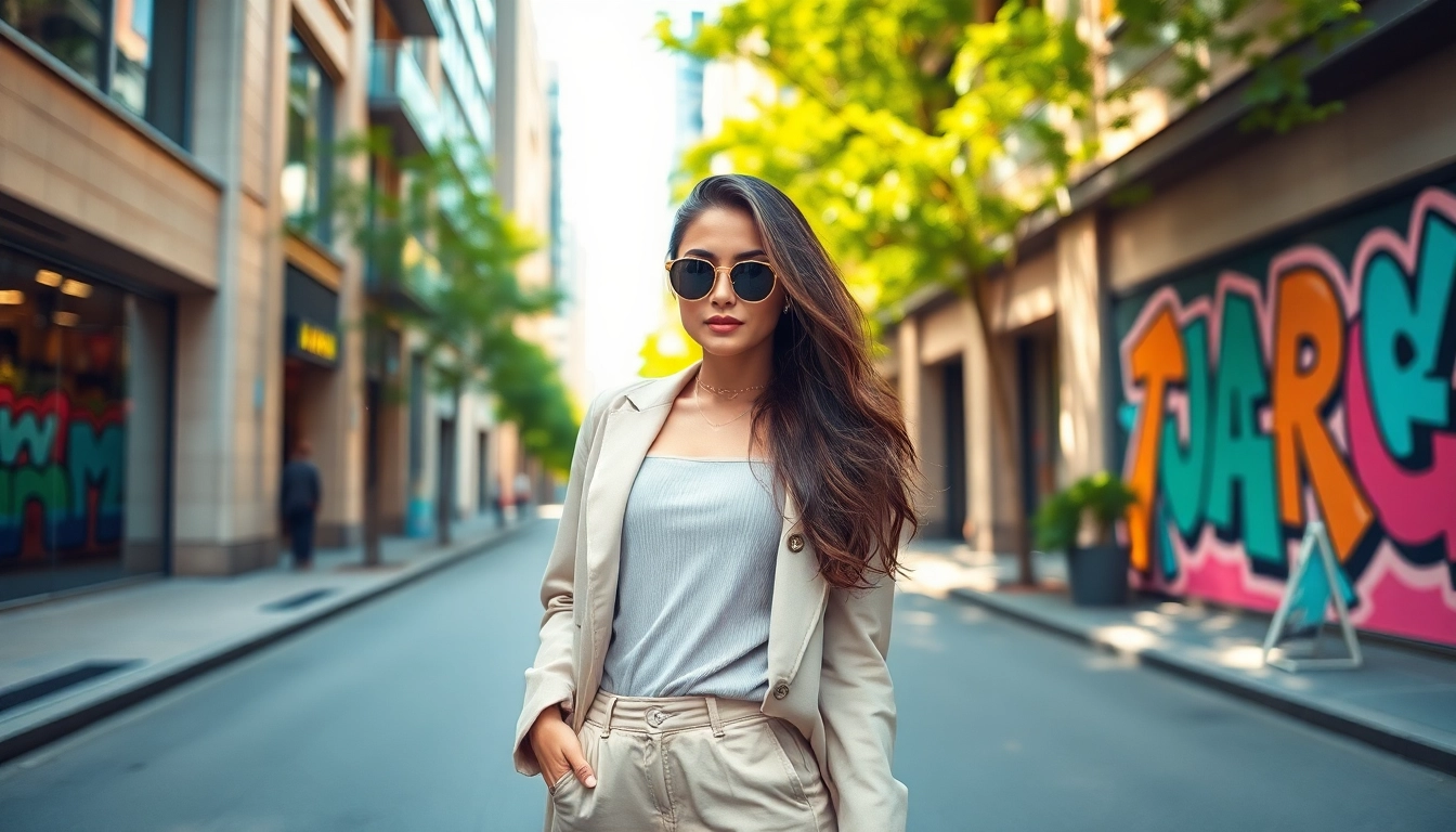 Fashionable young woman poses confidently in a vibrant urban setting.
