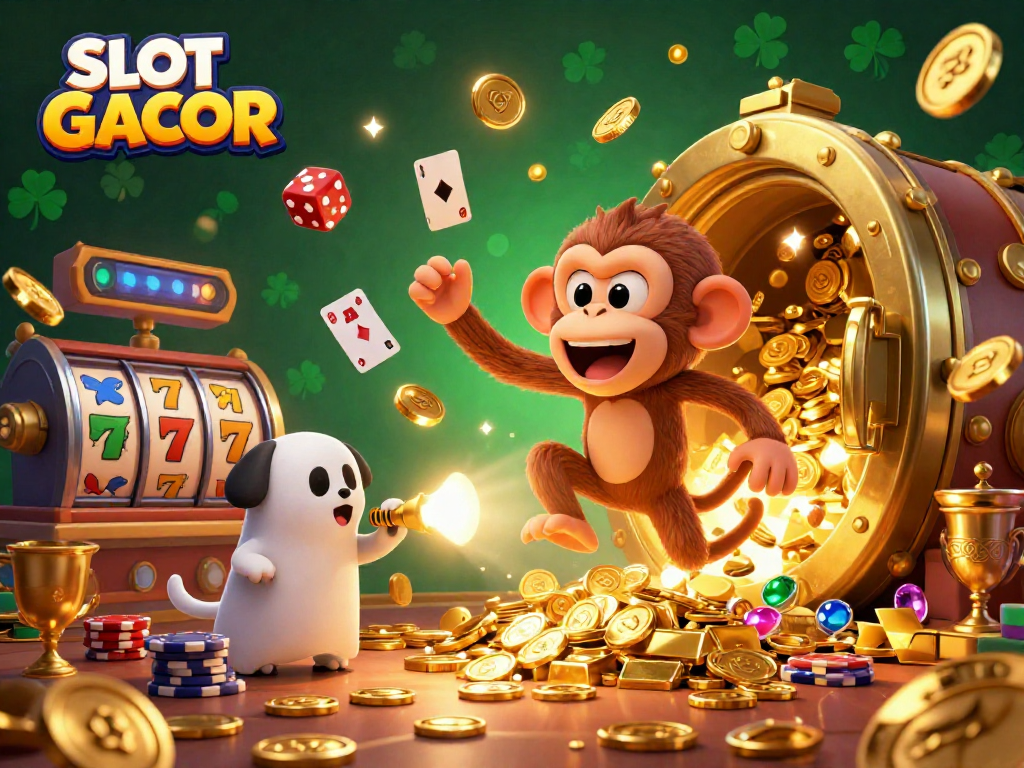 SLOT GACOR capturing the thrill of winning at a vibrant casino with a playful monkey juggling golden treasures.