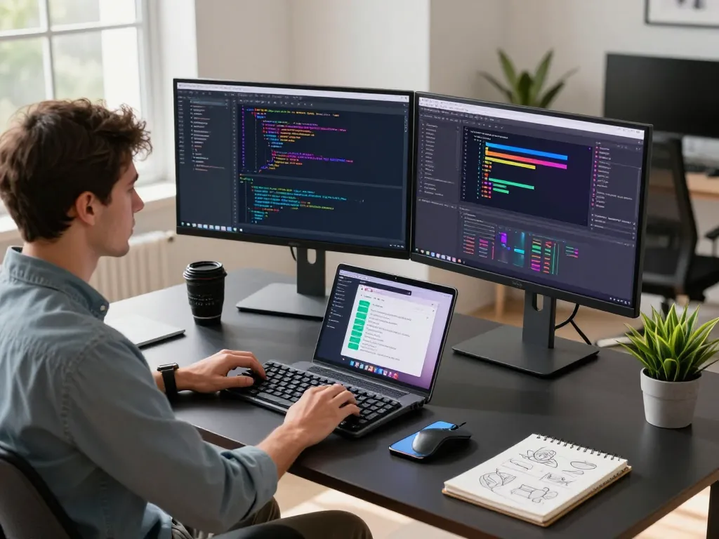 Whynotvibe - Developer in modern workspace coding with dual monitors showcasing vibrant software code.