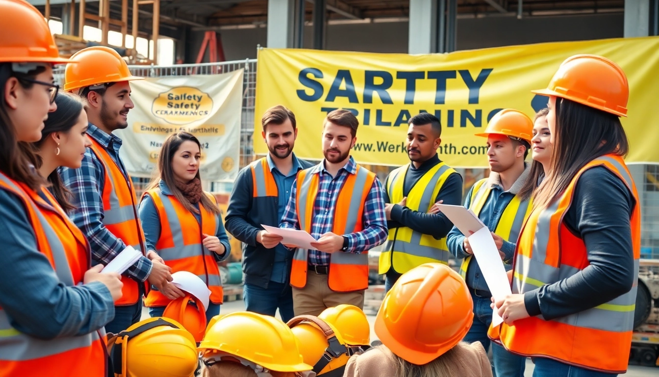 Training in construction safety programs with diverse professionals discussing and exchanging ideas outdoors.