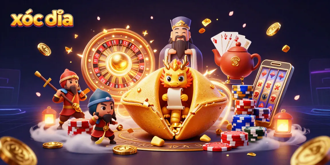 Xóc đĩa game scene with golden fortunes and vibrant casino elements.