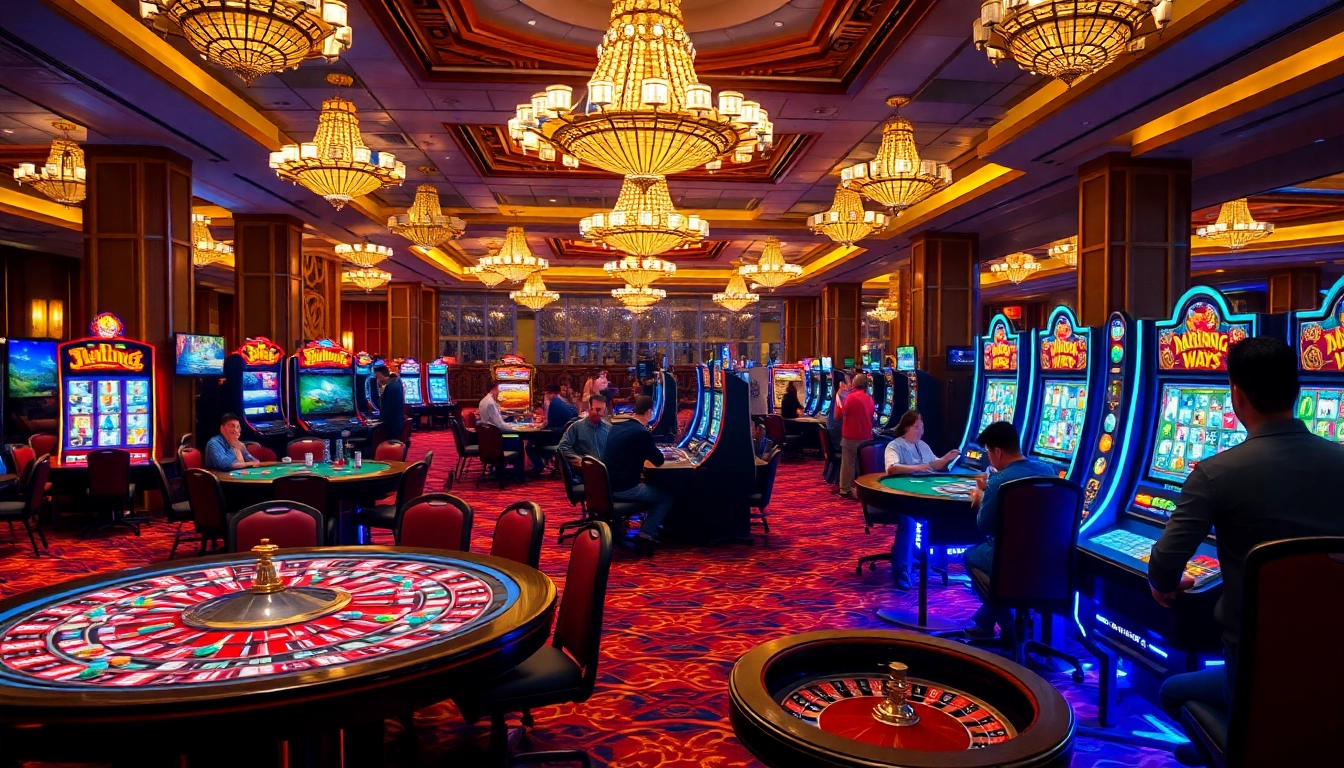 Play Mahjong Ways 2 on a luxurious casino floor, featuring vibrant slot graphics and excited players.
