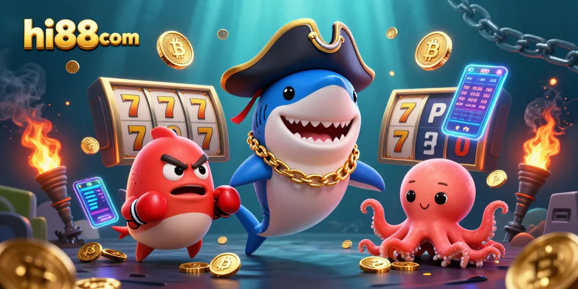 Engage in thrilling action at hi88com with exciting slot games, featuring a pirate shark and vibrant characters!