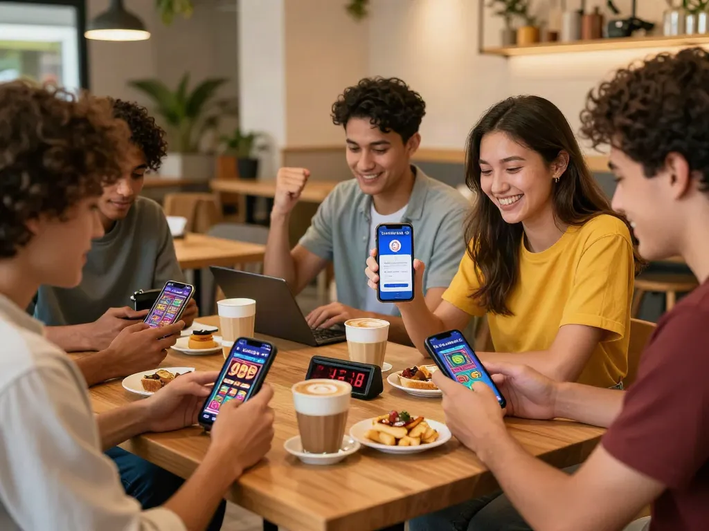 Group of friends celebrating a win on luxury12 in a cozy café with quick cash-out notifications.