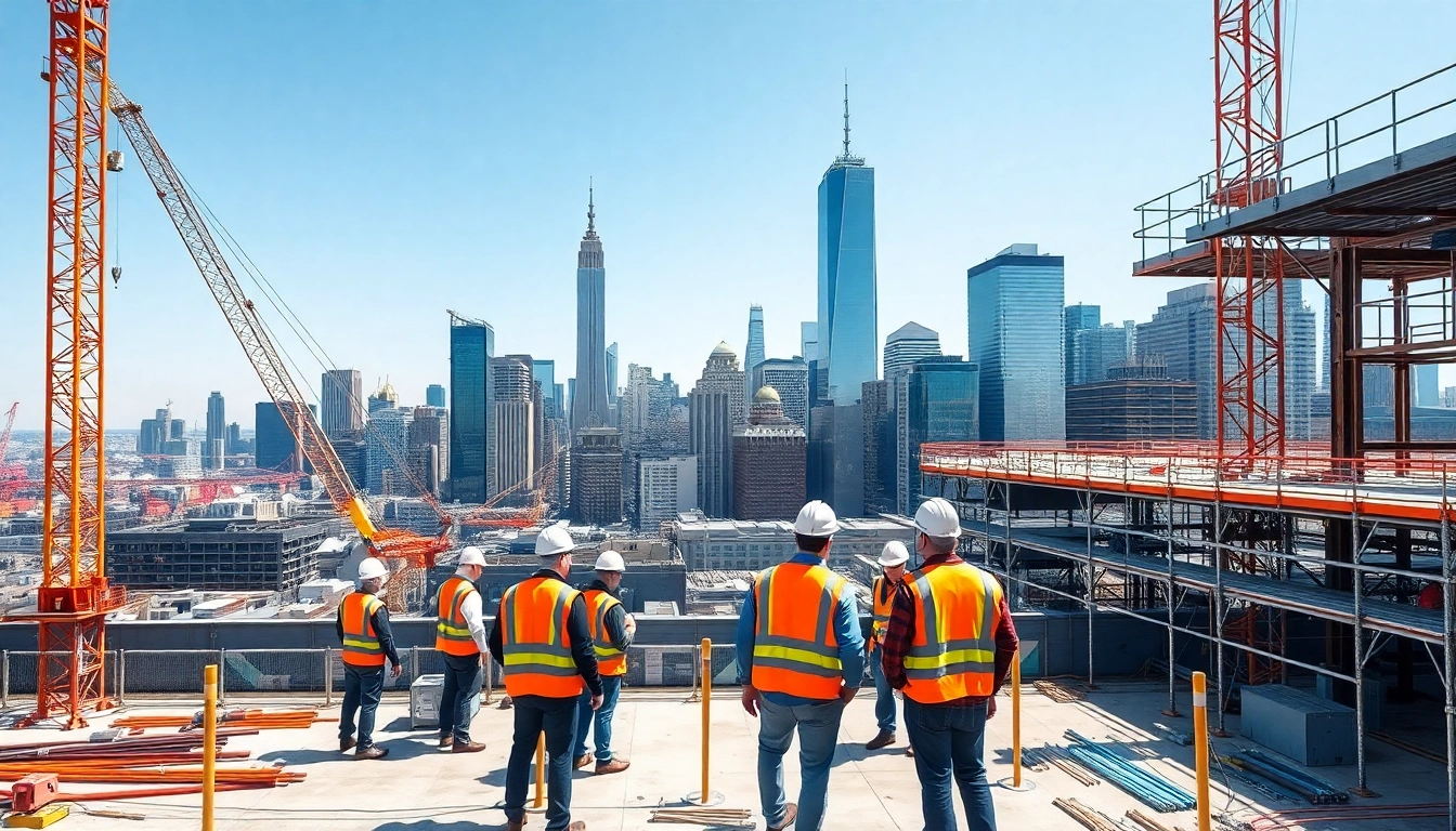 Manhattan Commercial General Contractor orchestrating a busy construction site with workers and skyline.