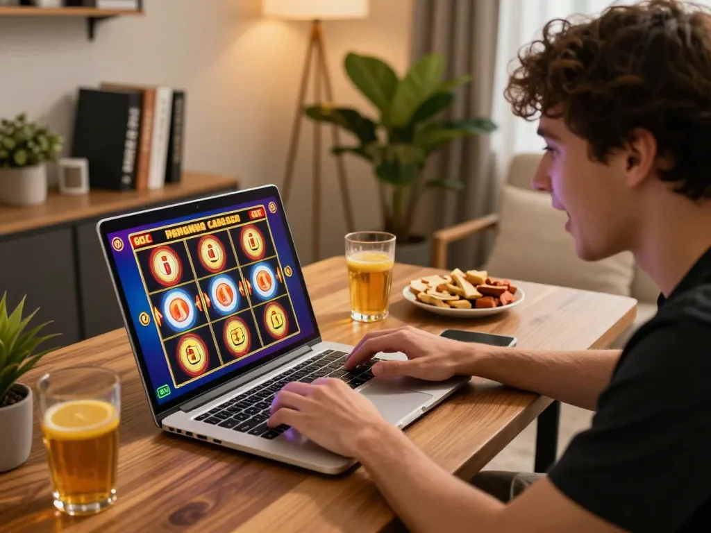 Engaged player experiencing slot gacor excitement in a cozy home casino environment.