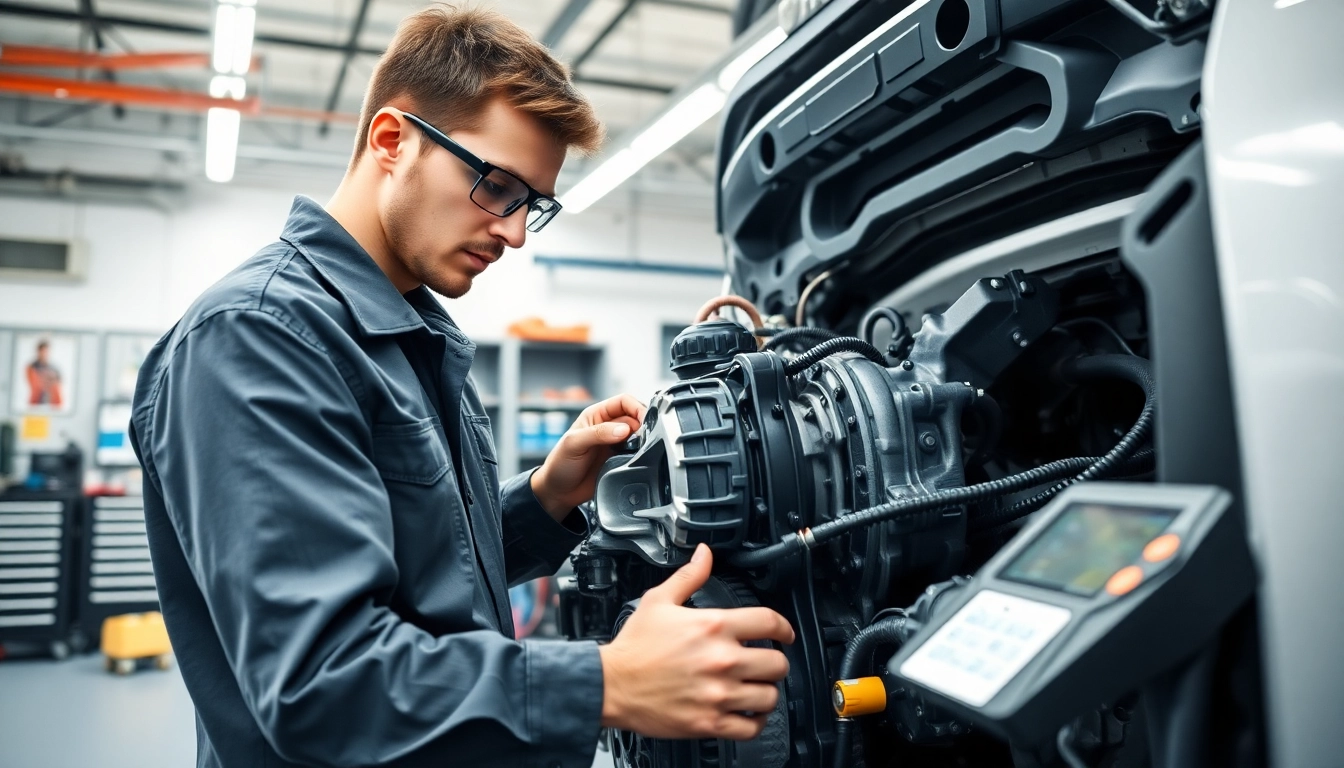 Inspecting powertrain extended warranty components with a technician in a professional garage environment