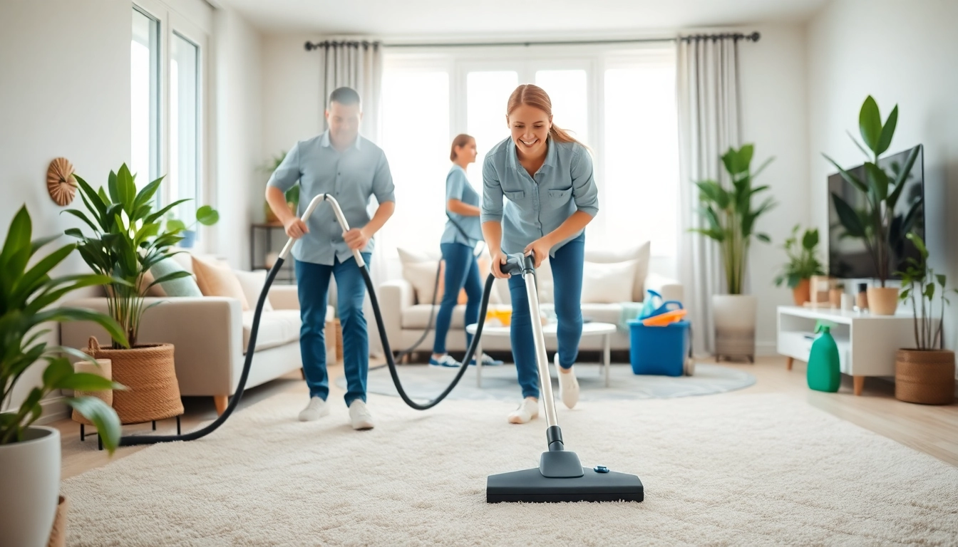 Engaging cleaning services near me scene with a smiling professional in a bright living room.