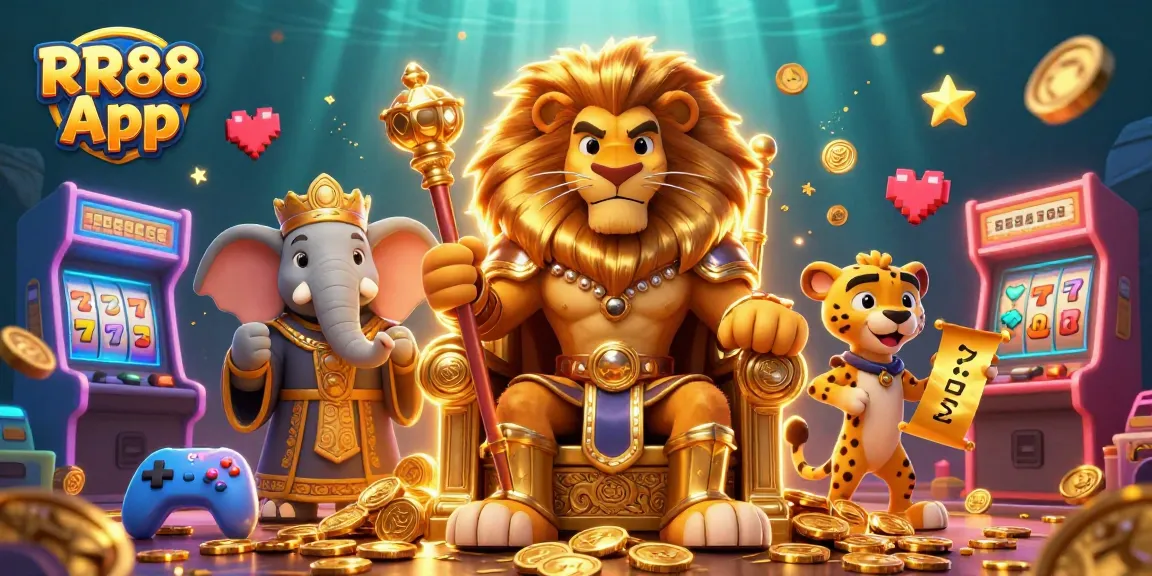 Experience the thrills of the RR88 App with a vibrant 3D casino scene showcasing the king of gaming.