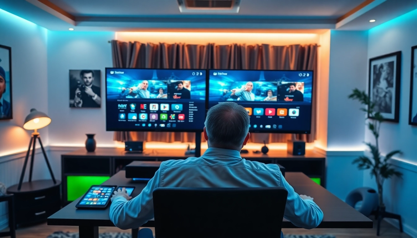 IPTV reseller working in a modern home office, showcasing streaming services on dual monitors.