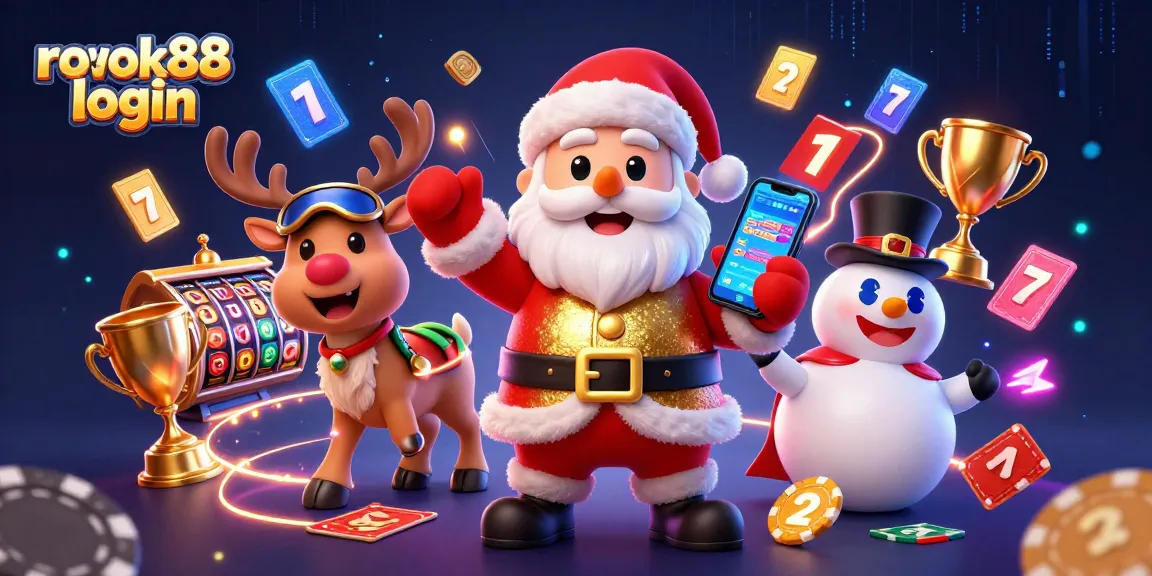 Experience the excitement of rokok88 login with a festive gaming scene featuring Santa, a reindeer dealer, and a poker chip snowman.