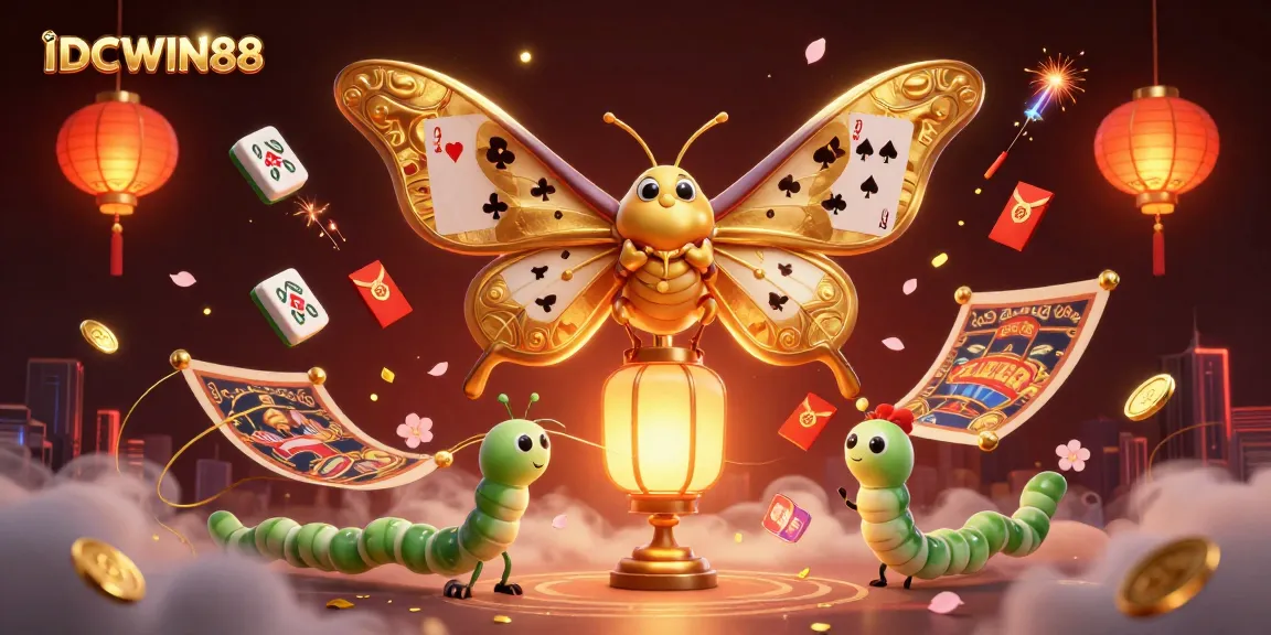 Experience thrilling gameplay with IDCWIN88, featuring golden moths and colorful casino elements.