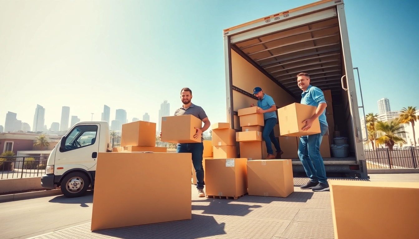 Movers San Diego team efficiently loading a truck with packed boxes in sunny California.
