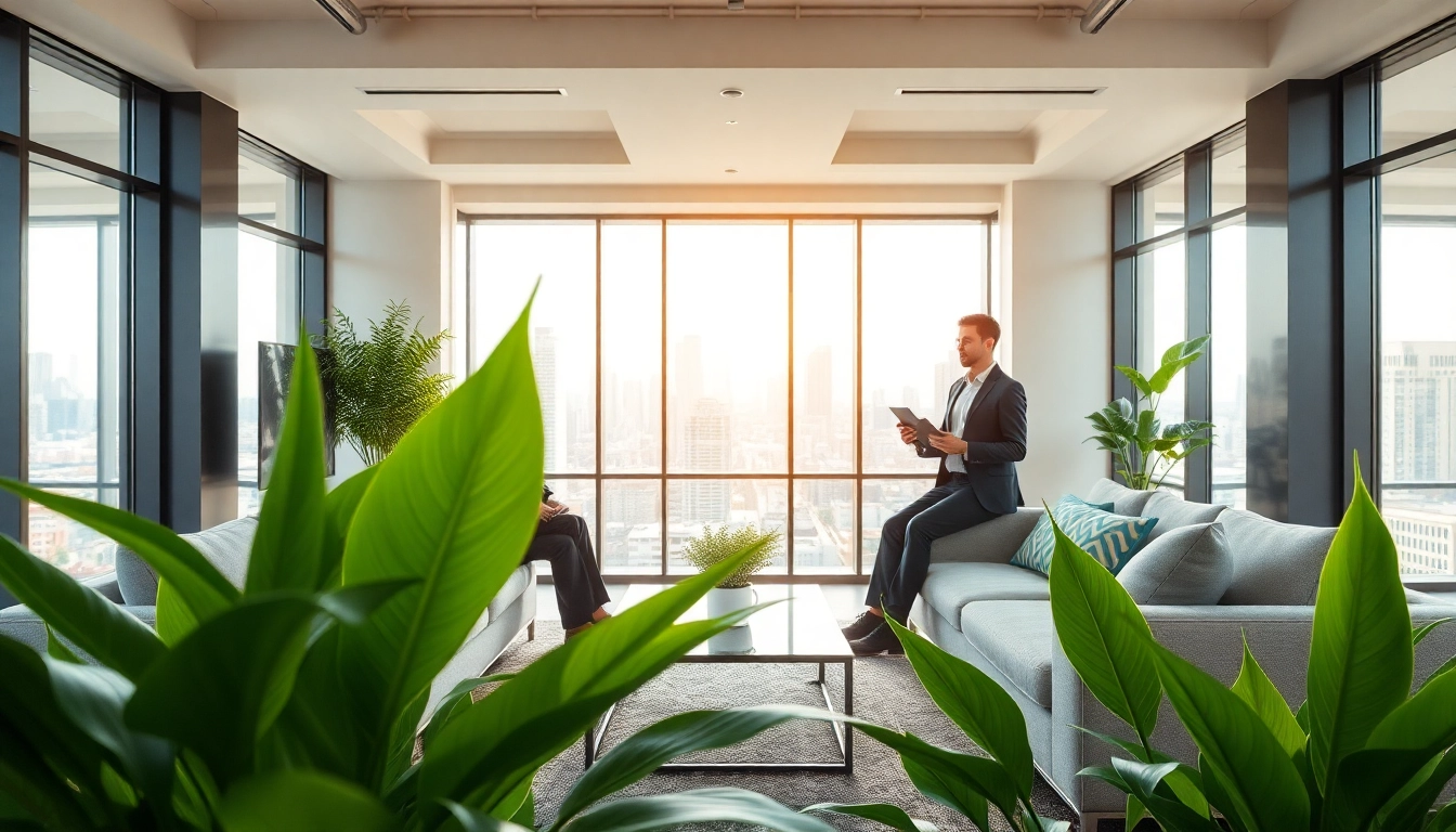 Engaging real estate agent showcases available properties in a welcoming office environment.