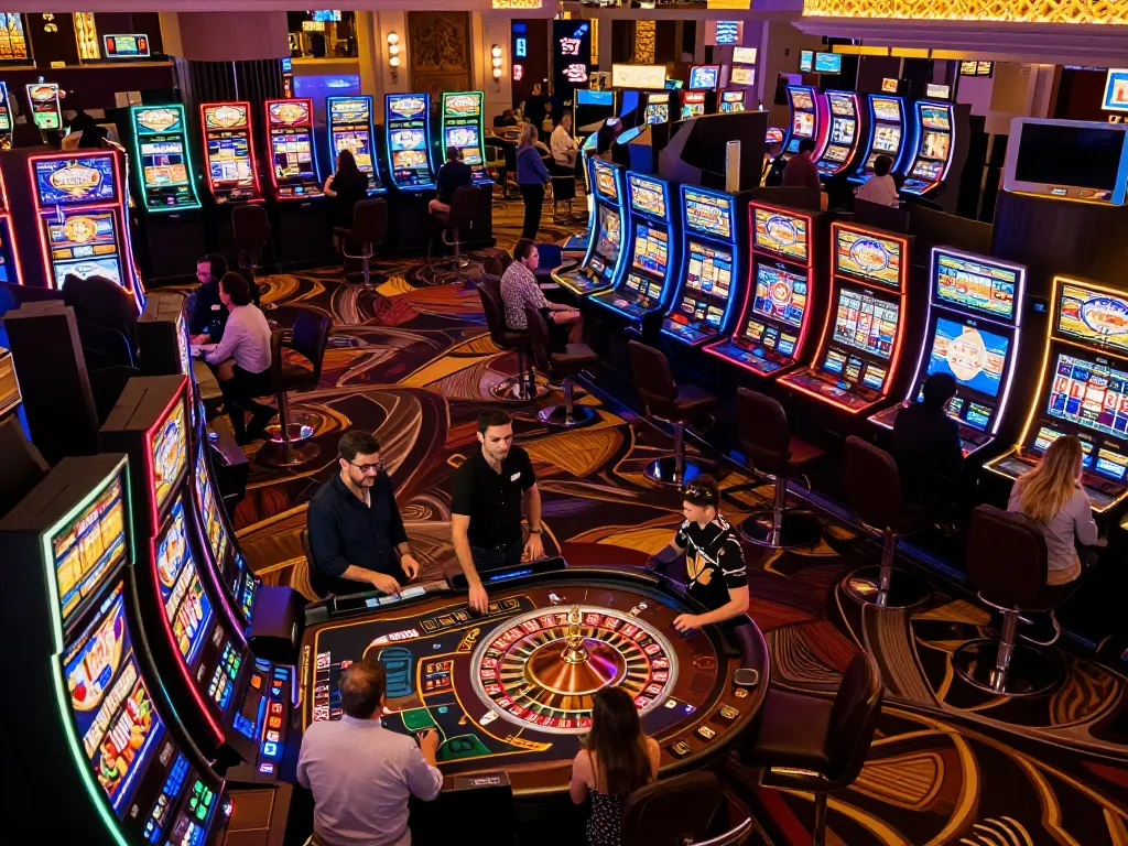 Cootersbackyardbarandgrill gamers enjoying lively slot machines and a roulette table in a vibrant casino.