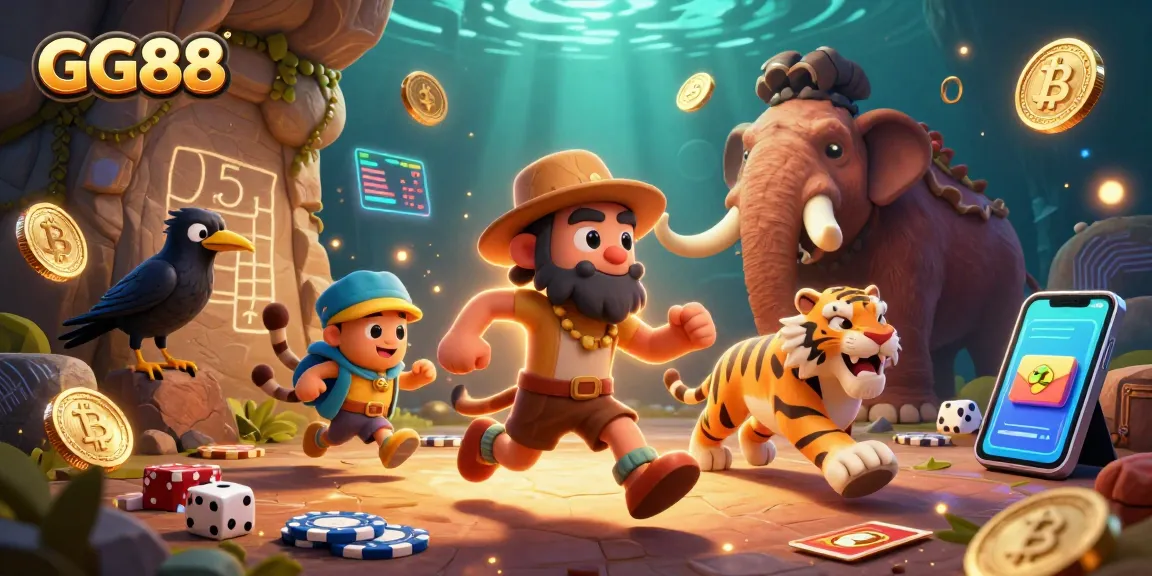 Engage with GG88 in a vibrant, prehistoric casino atmosphere featuring a caveman duo and glowing crypto elements.