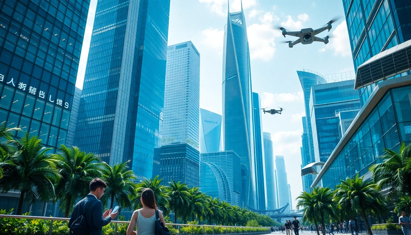 Innovative urban environment showcasing Technology advancements with people interacting with devices.