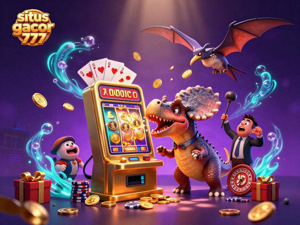 Mendapatkan jackpot di situs slot gacor 777 dengan karakter dino dan slot mesin.