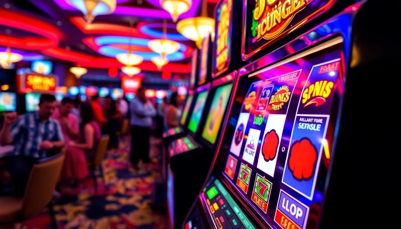 Slot mesin yang berputar dengan simbol warna-warni di latar kasino yang ramai.