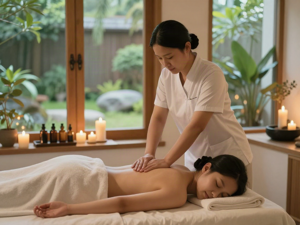 Relaxing 광진구출장마사지 session in a serene spa environment with warm lighting and calming elements