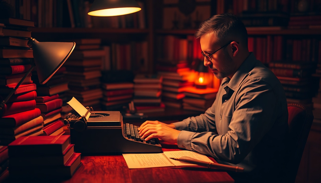 Thriller author passionately writing at a vintage typewriter surrounded by books.