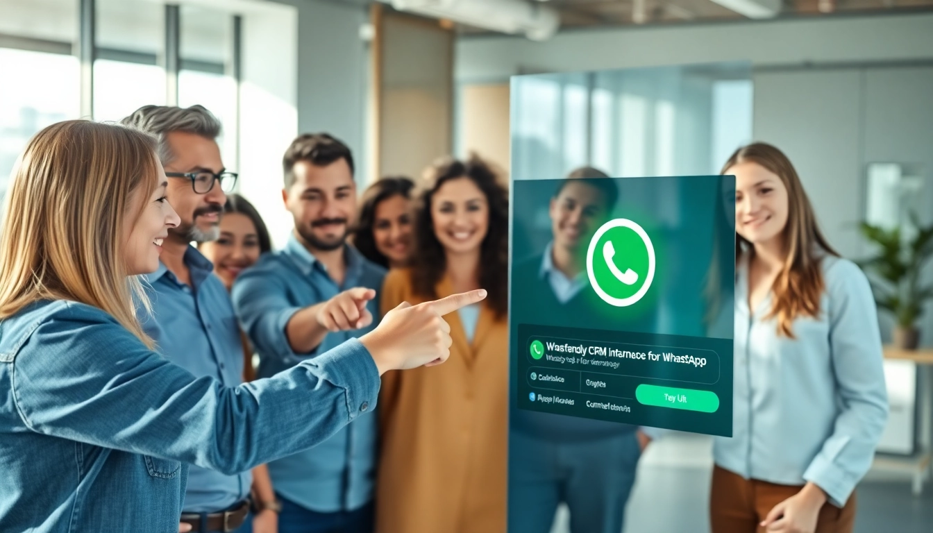 What is a CRM for WhatsApp showcased in a professional office with engaged team discussions.