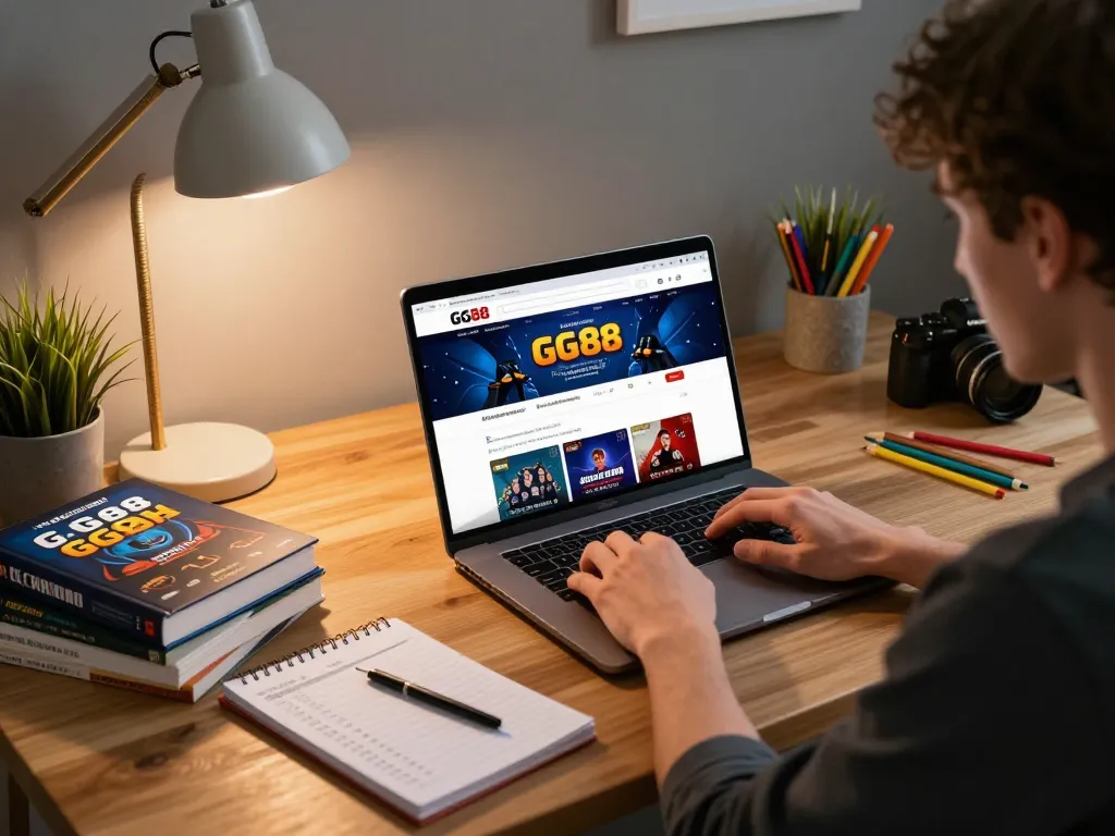 Engaging user experiencing online gaming at GG88, showcasing home office setup with laptop and strategic materials.
