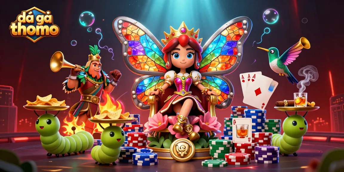 Experience thrilling đá gà thomo action with a vibrant illustration featuring a butterfly queen, exciting combat elements, and dynamic gameplay.