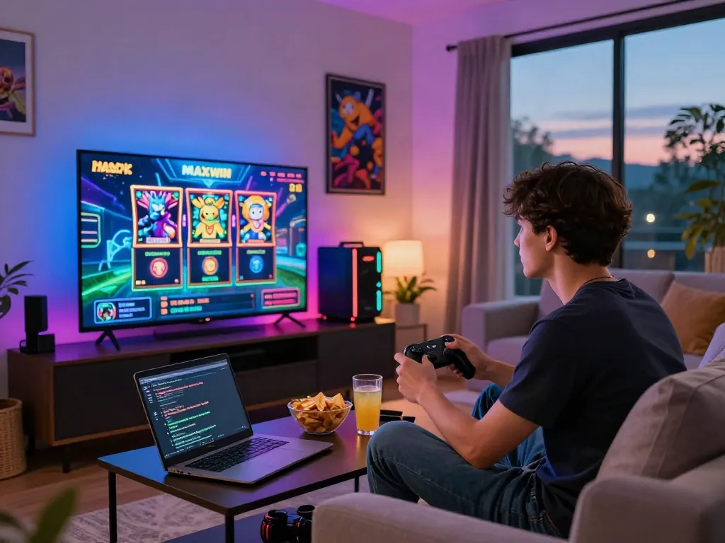 Exciting living room with young adult playing slot gacor maxwin demo games, LED lights enhancing the gaming atmosphere.